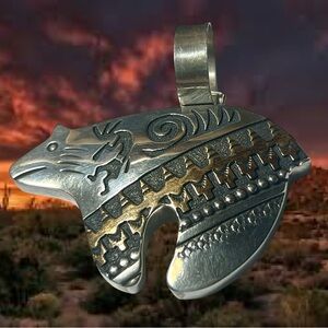 Massive Thomas Singer Sterling Silver Vermeil Bear Pendant Necklace 24”.